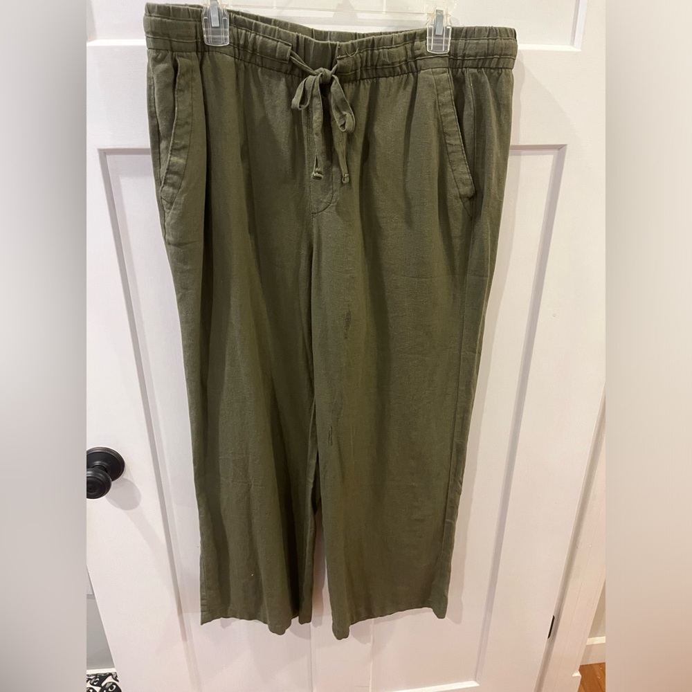 Linen cotton blend wide leg olive pants